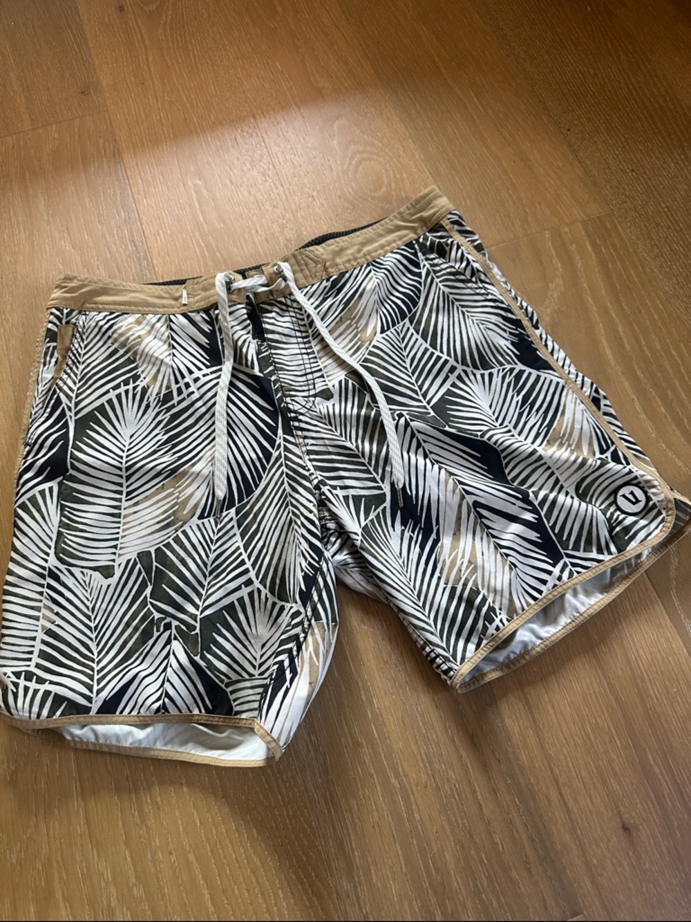 Vuori Palm Leaf Swim Shorts in Black, White & Tan
